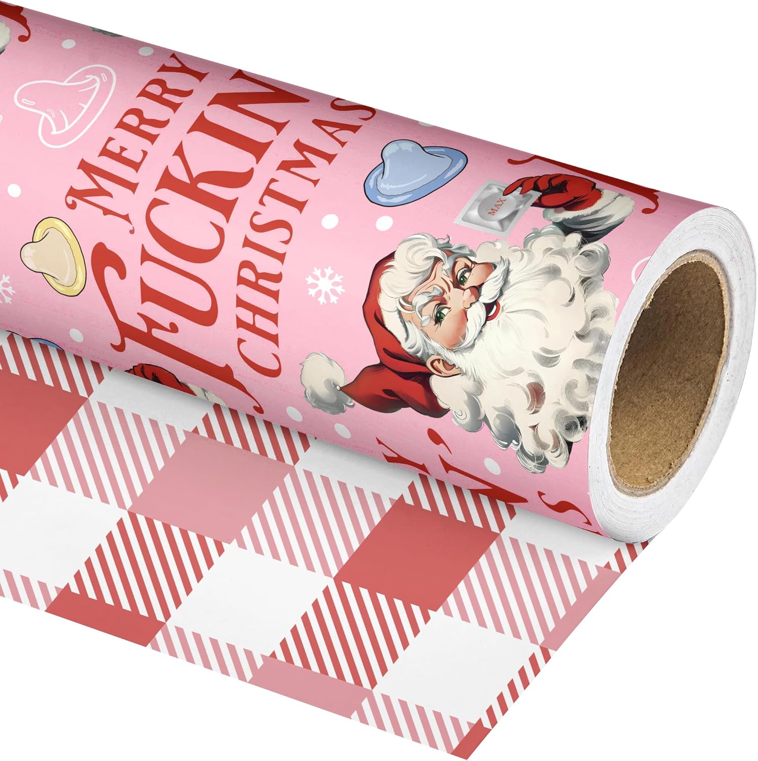 Altarho Funny Christmas Wrapping Paper Roll for Adult Women Men Husband - Pink Inappropriate Christmas Santa and Retro Buffalo Plaid Design Naughty Xmas Gift Wrap for Birthday Winter Holiday Decoration Total 28.5sq.ft